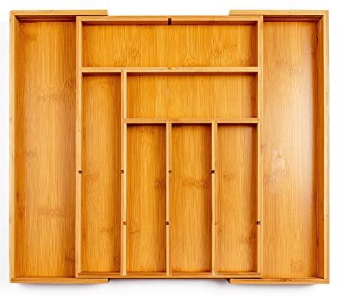 Dyzi Bamboo Cutlery Tray with Removable Dividers Wooden Drawer Organiser